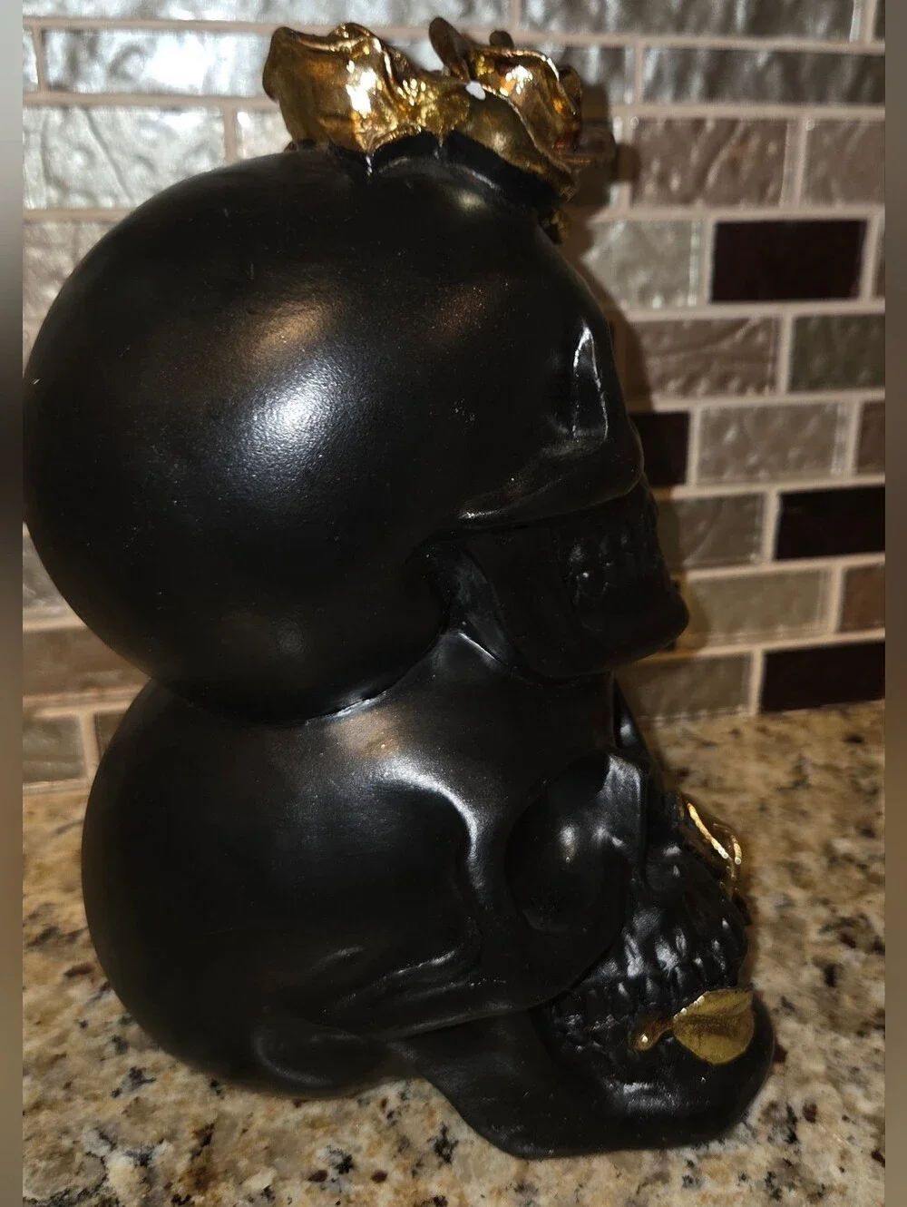 Black Resin Halloween Decorative Stacked Skull Accent with Gold Roses Decoration